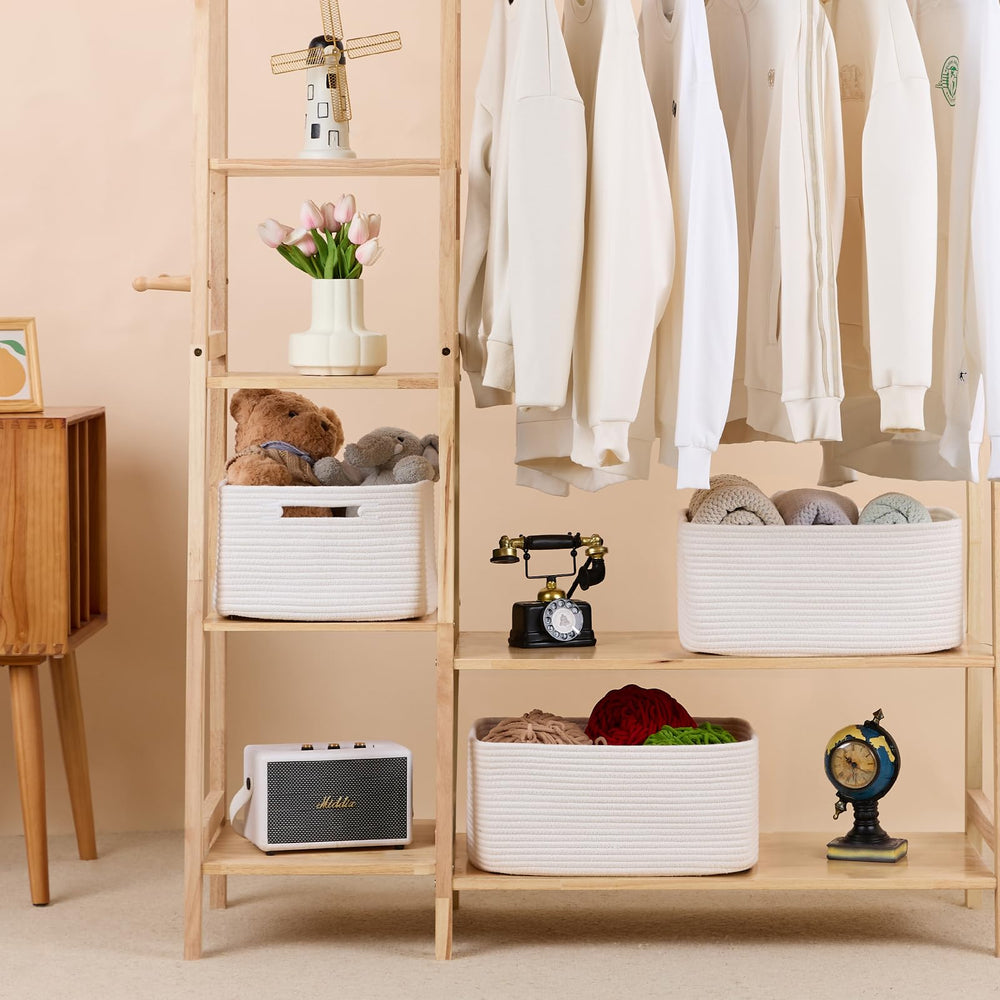 MiniArk minimalist design baskets on closet shelf add warmth and texture.
