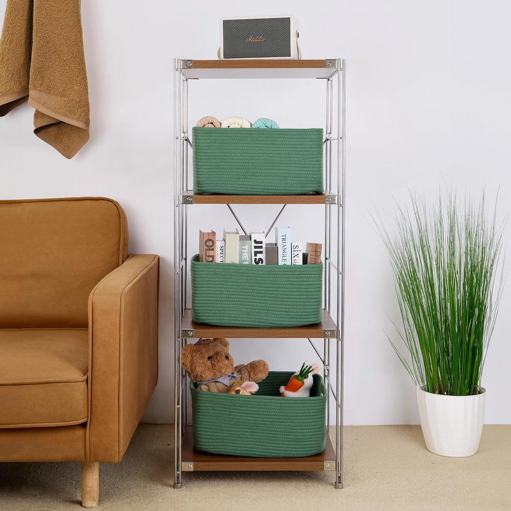 MiniArk basket in a closet with folded clothes for tidy organization.