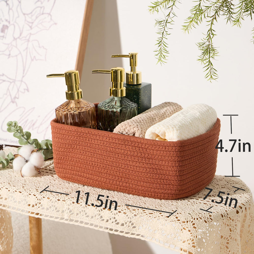 MiniArk oxide red baskets in a drawer keep cosmetics and accessories tidy.