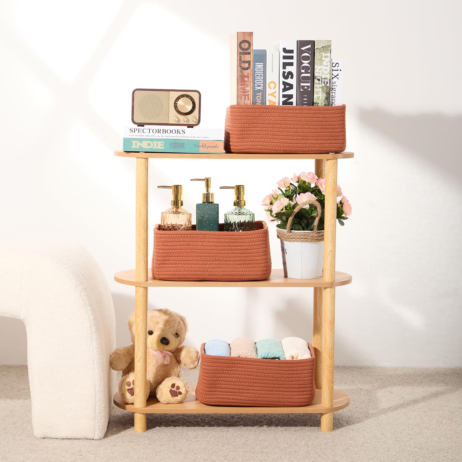 MiniArk oxide red baskets staged for clutter-free living and desk organization.