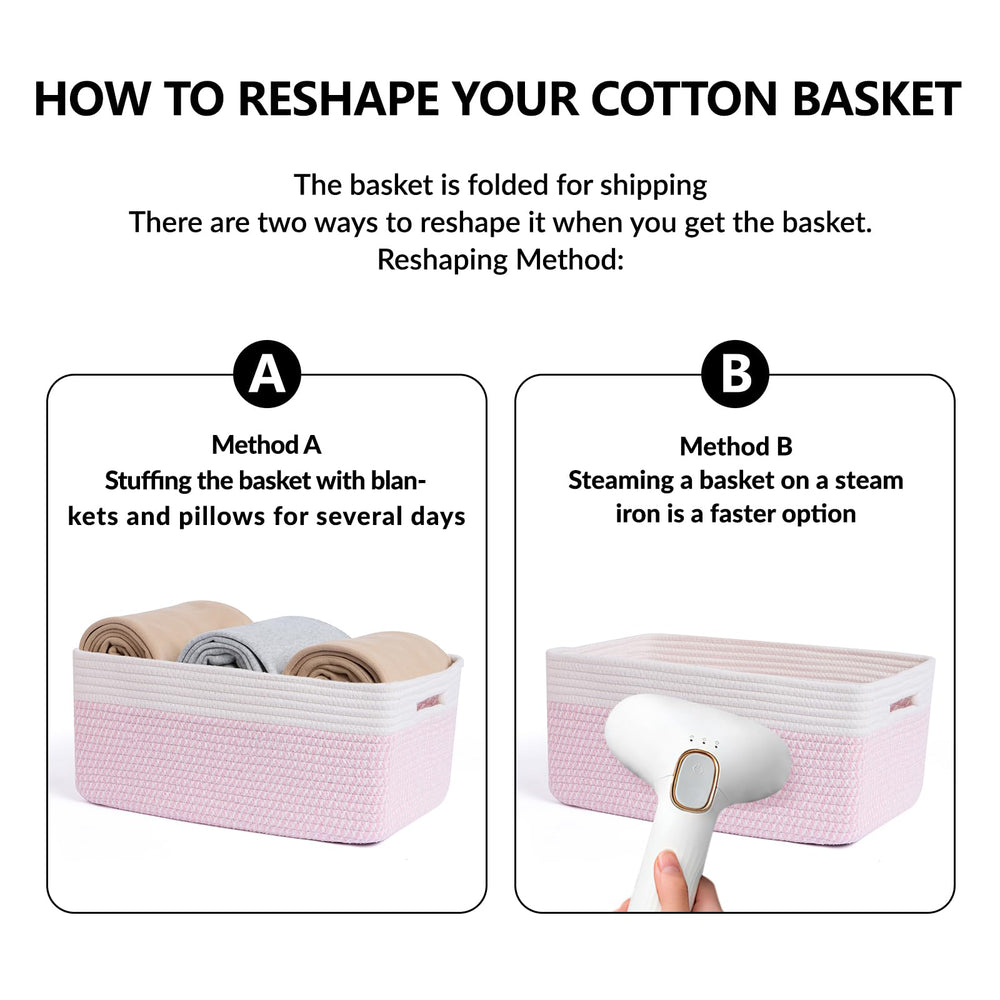 MiniArk pink stackable baskets shown for organizing shelves.