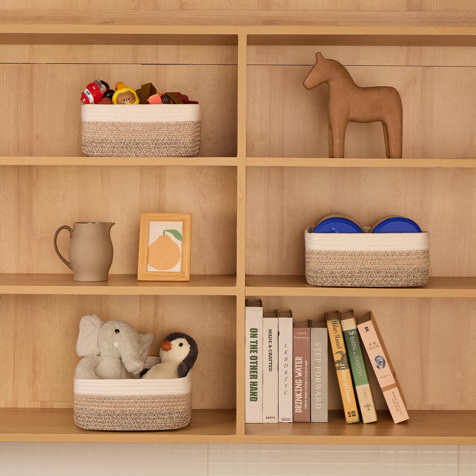 MiniArk rope woven basket on living room shelf with décor