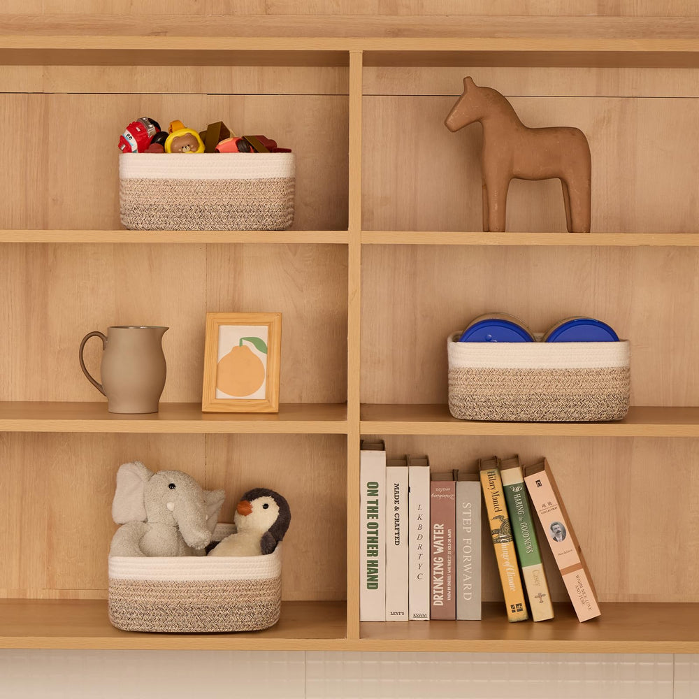 MiniArk rope woven basket on living room shelf with décor