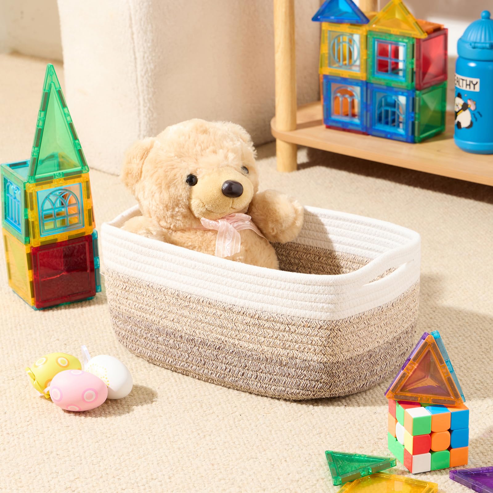 MiniArk shallow cube basket on shelf holds keys and remotes