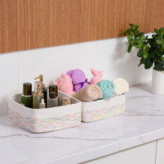 MiniArk small square shallow basket on shelves, blends with decor.
