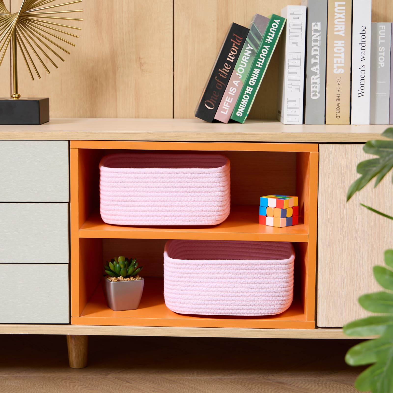 MiniArk small square shallow basket in light pink keeps desktop essentials tidy.