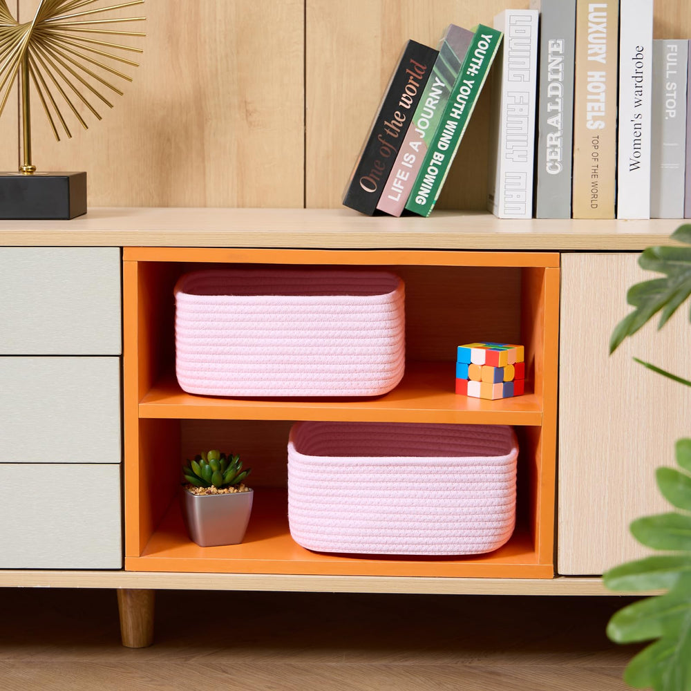 MiniArk small square shallow basket in light pink keeps desktop essentials tidy.