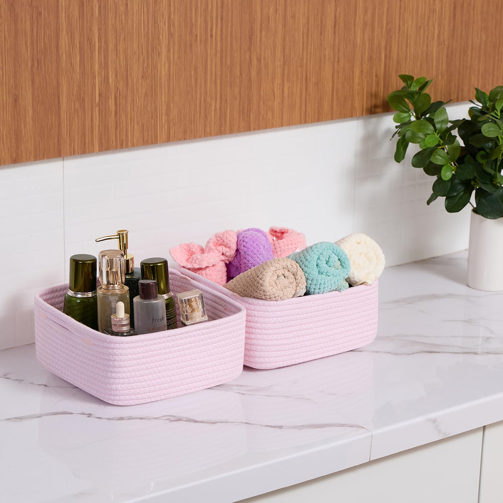 MiniArk small square shallow basket in light pink enhances shelf display with minimalist design.