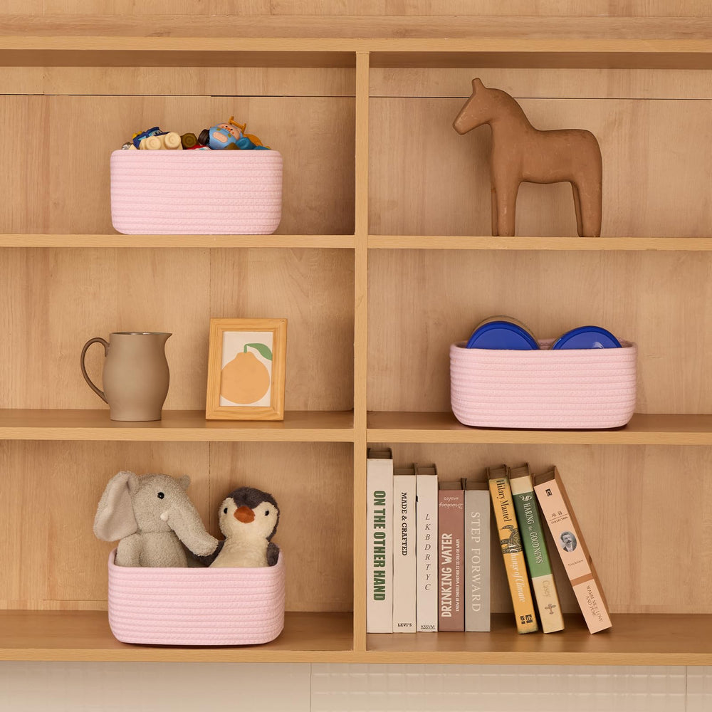 MiniArk small square shallow basket in light pink perfect for kids' toy storage.