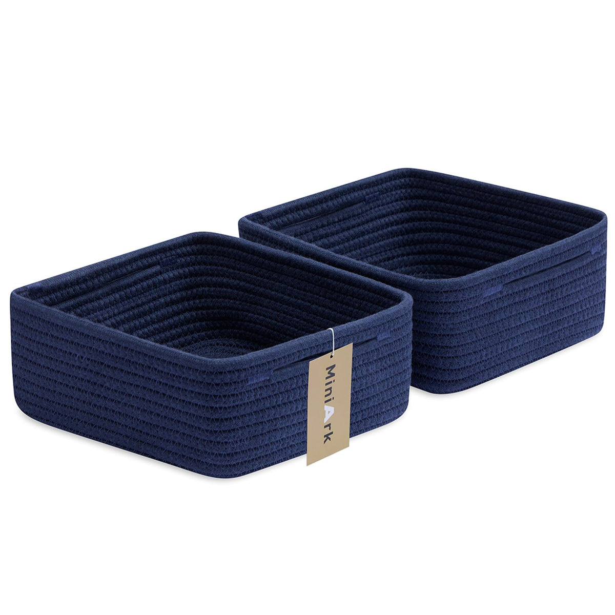 MiniArk navy square shallow basket for remote storage on living room shelf