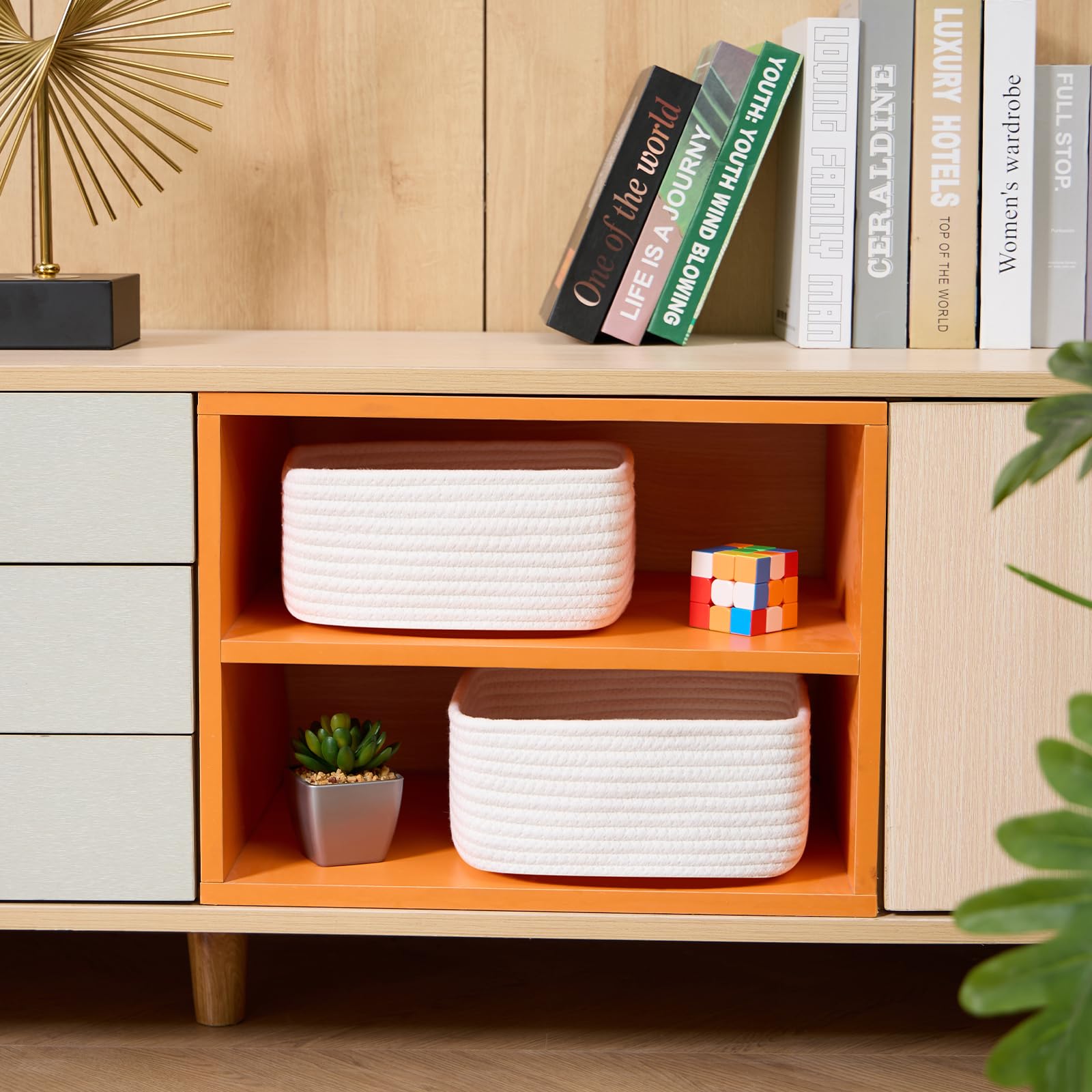 MiniArk shelf-display basket doubles as decor and functional storage on shelves.