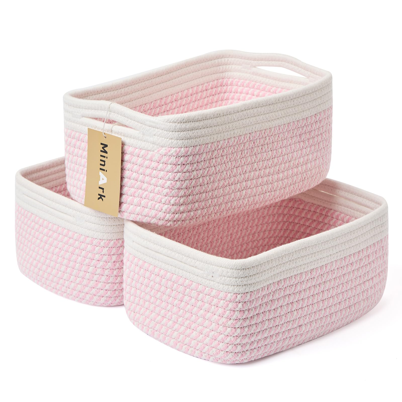 MiniArk small storage baskets in white and pink keep shelves tidy and organized