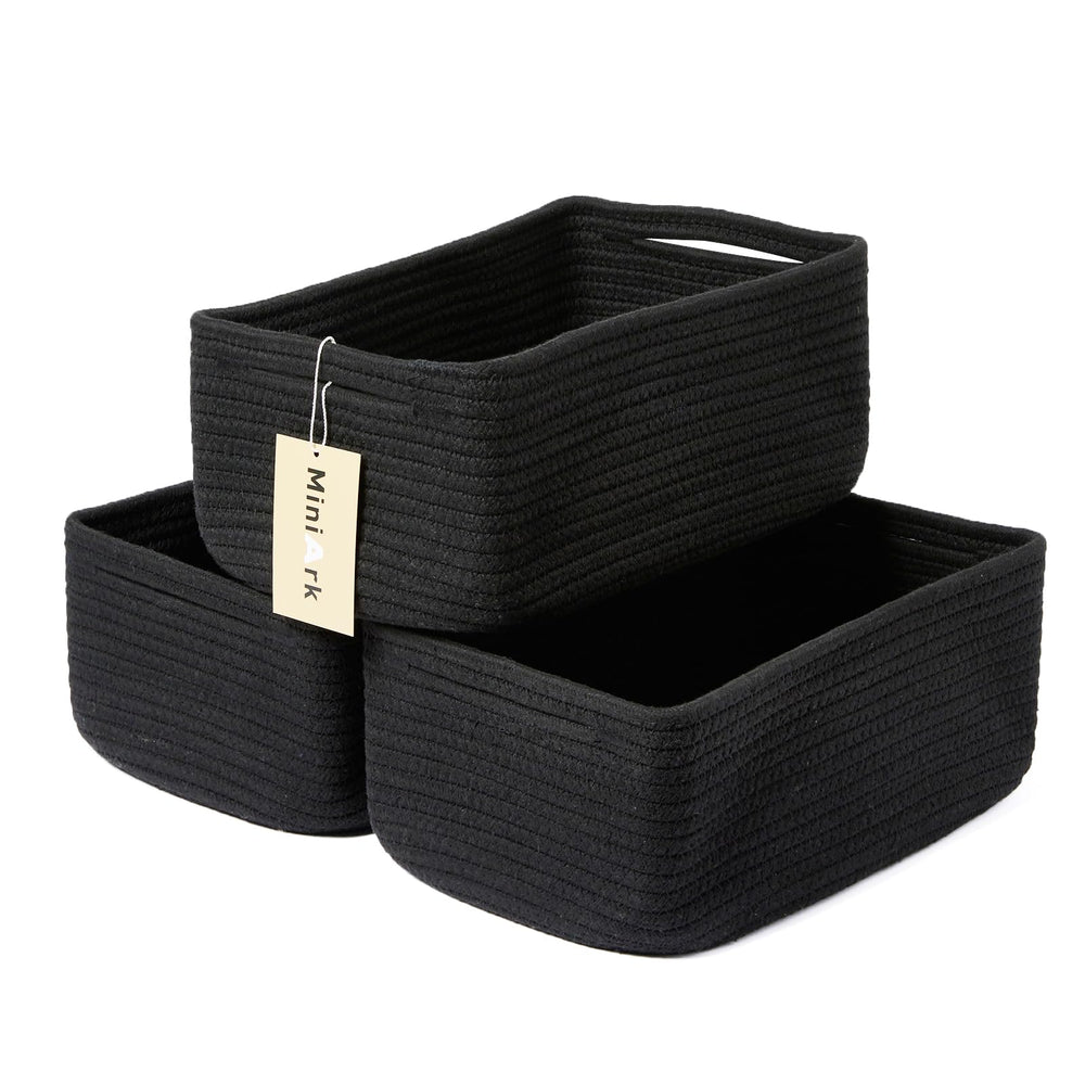 MiniArk small storage baskets on a shelf for organized cosmetics.