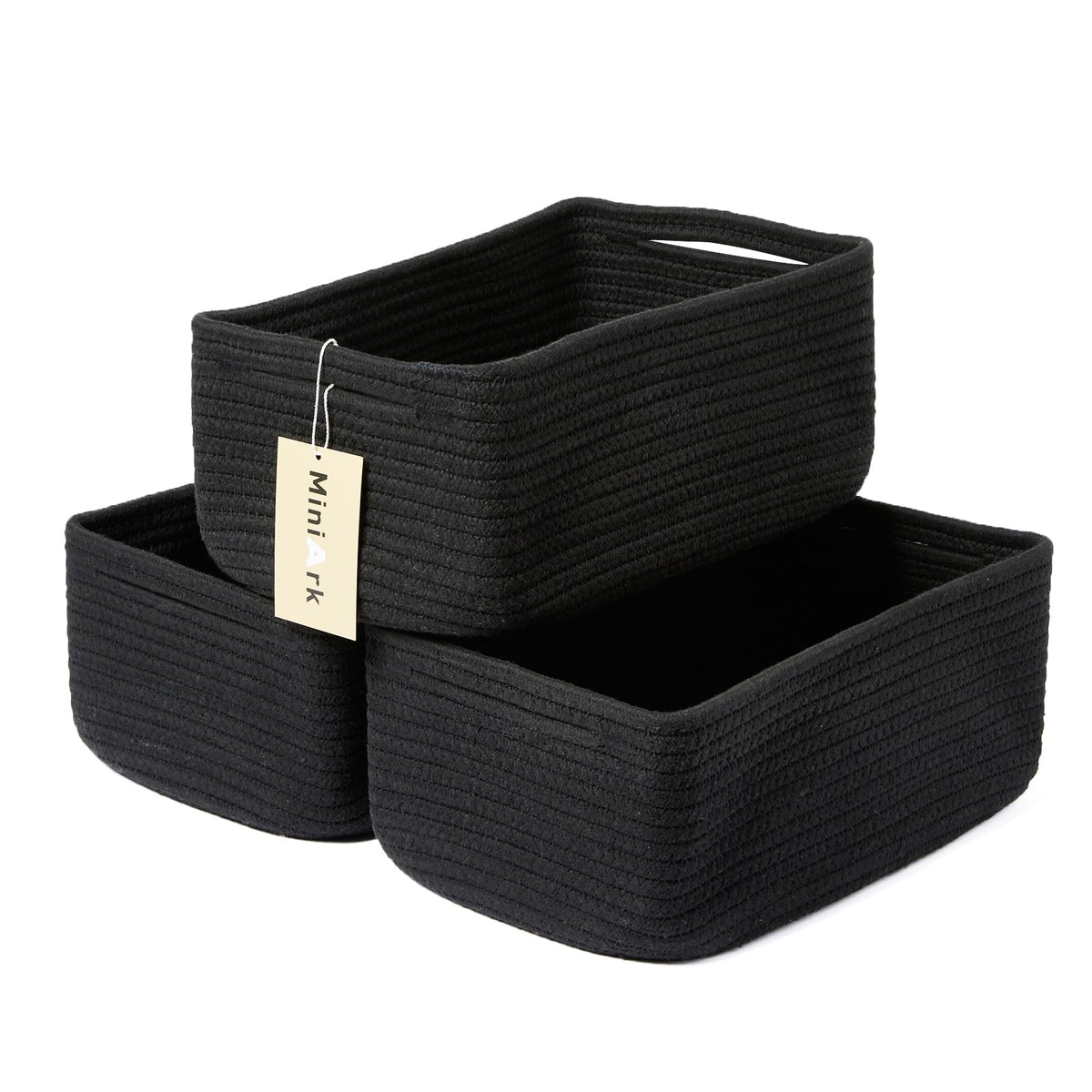 MiniArk small storage baskets on a shelf for organized cosmetics.