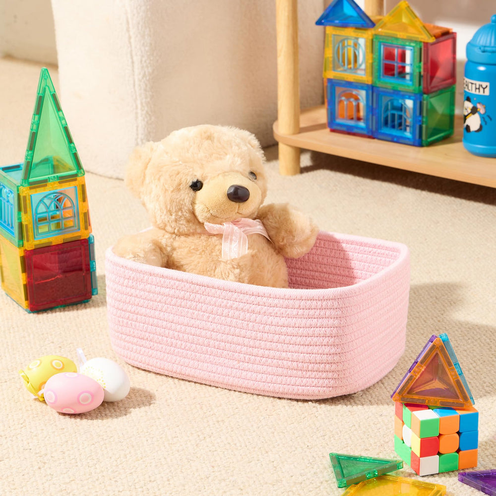 MiniArk light pink basket styled as decor on a shelf for warmth