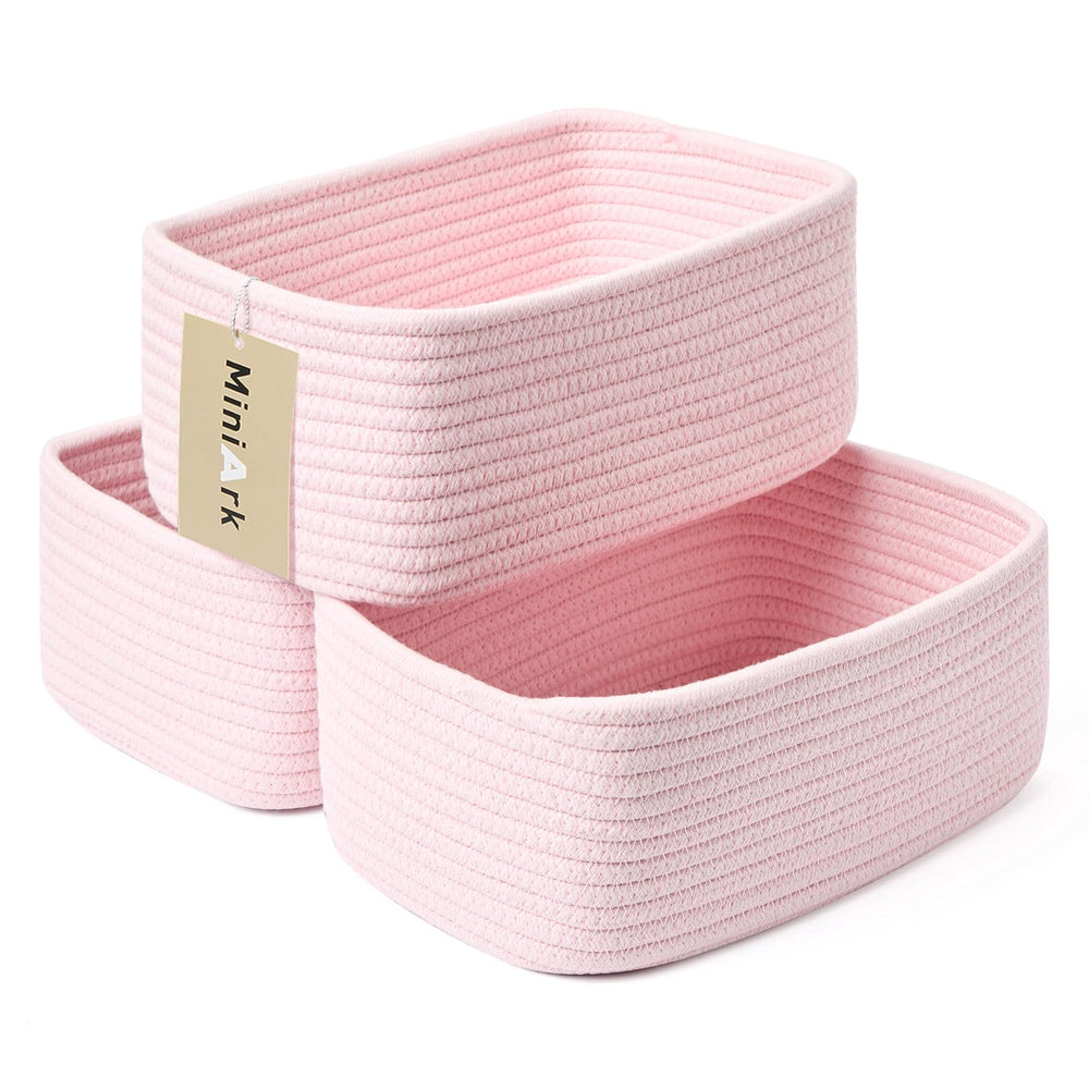 MiniArk small storage basket in light pink on a shelf, keeps cosmetics organized
