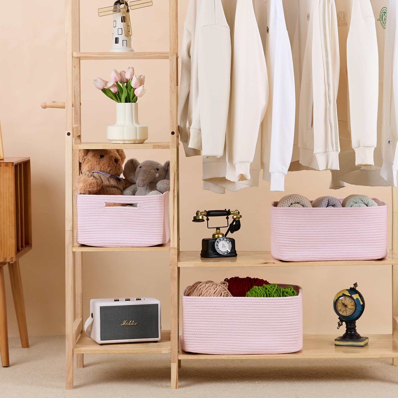 MiniArk minimalist design rope baskets add warmth to closet shelves.