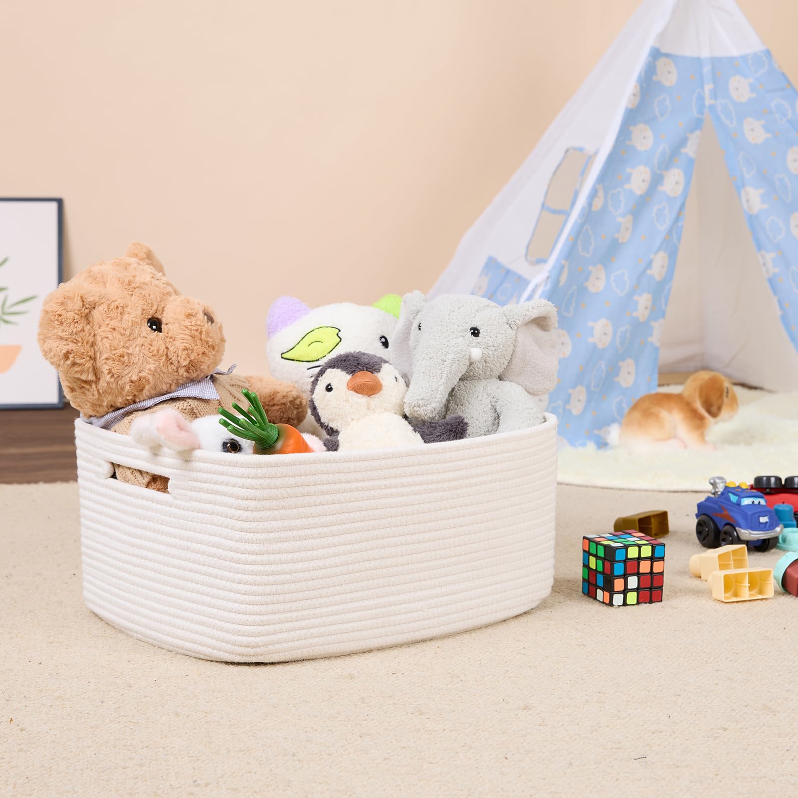 MiniArk toy bins filled with plush toys in playroom setup.