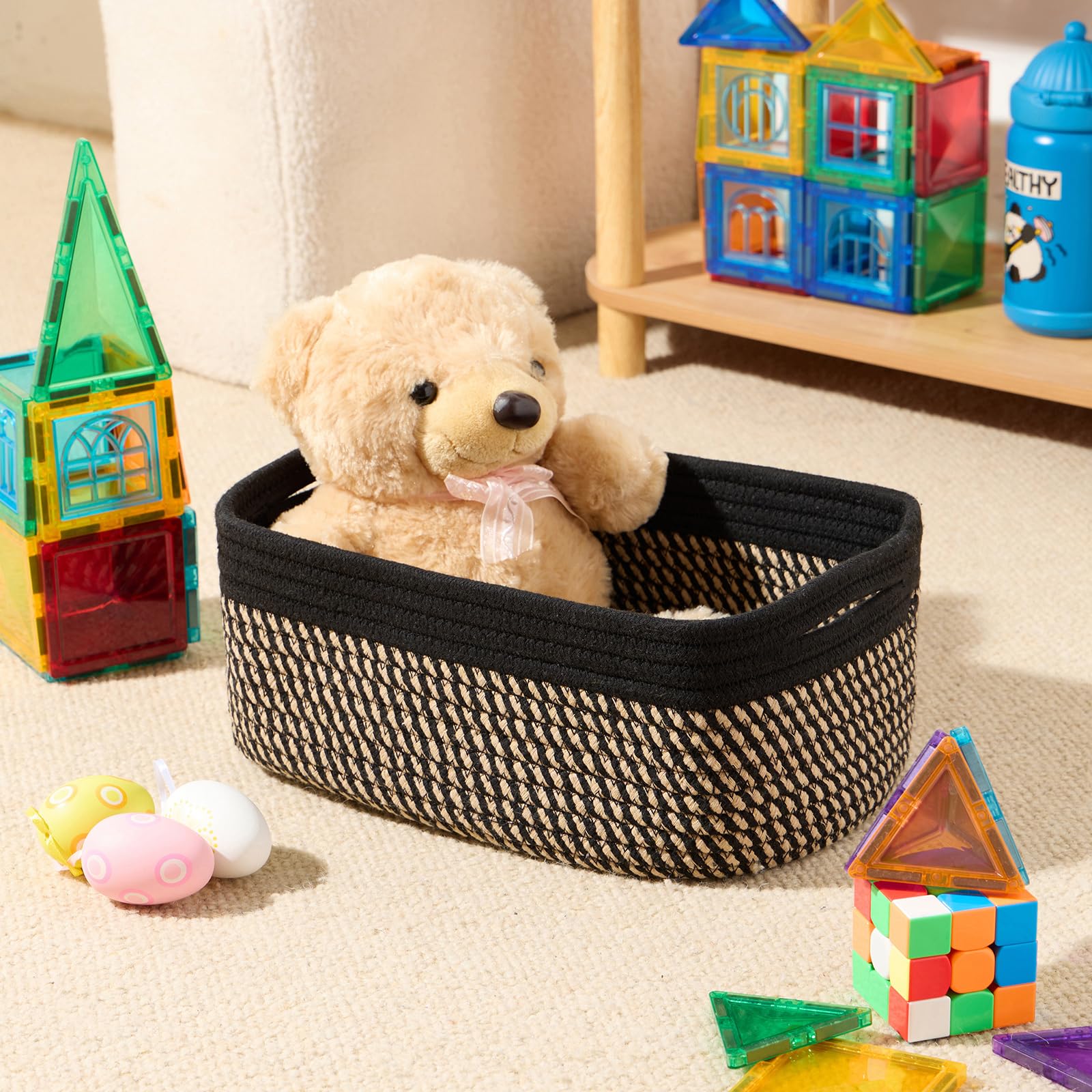 MiniArk woven rope baskets add warmth to shelves and desks.
