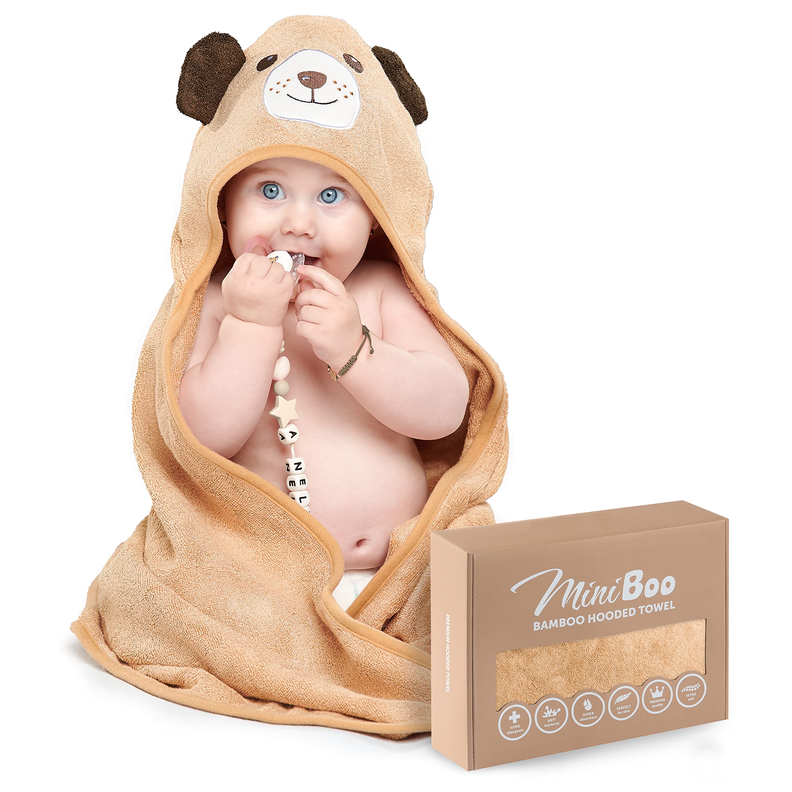 MINIBOO hooded towel, 32x32, perfect for newborns, plush and warm.