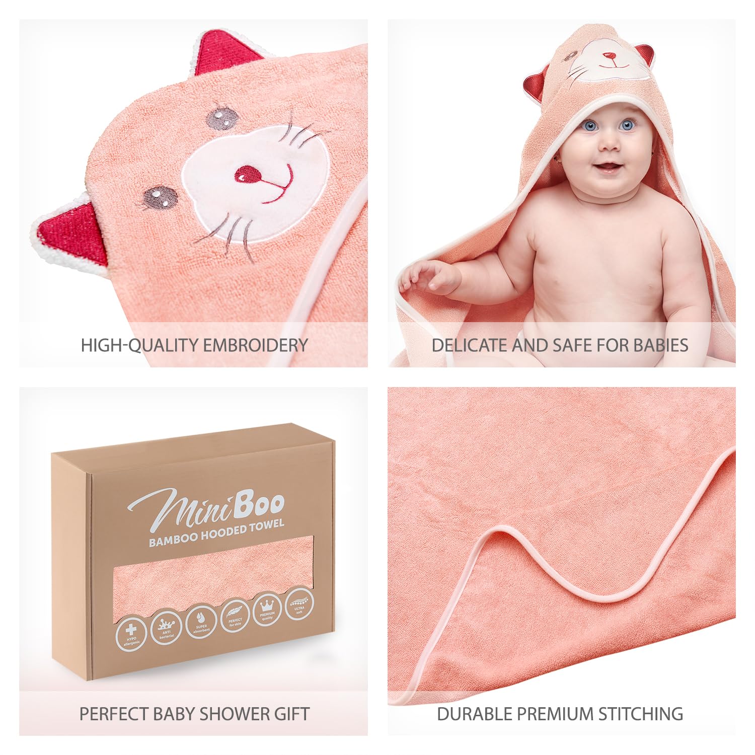 MINIBOO hooded towel absorbs quickly after bath for busy evenings.