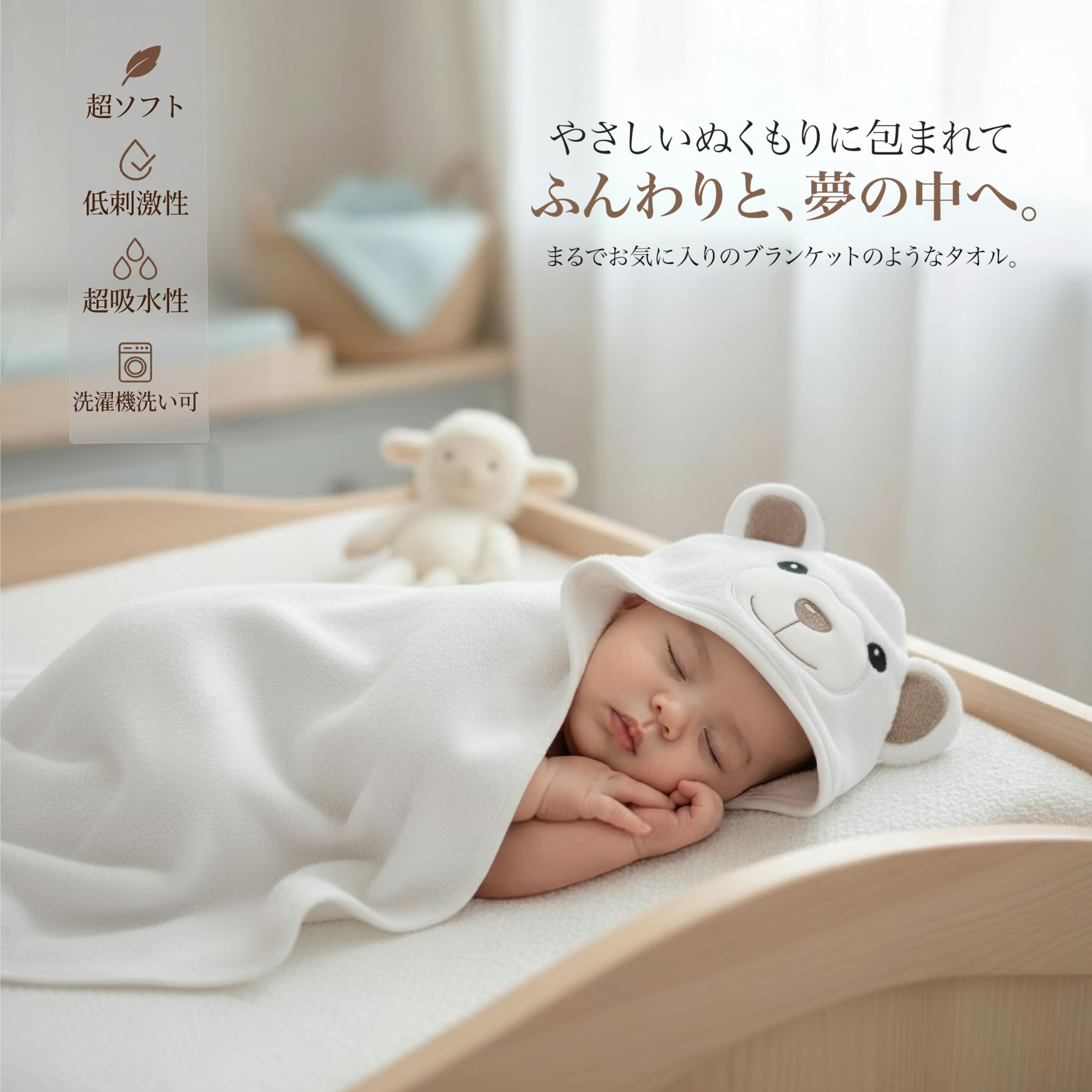 MINIBOO hooded towel measures 35x35 inches for newborns to toddlers.