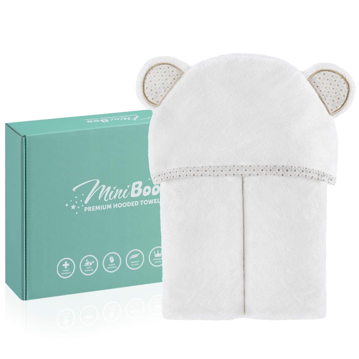 MINIBOO hooded towel bamboo blend absorbs moisture quickly for quick-dry baths.