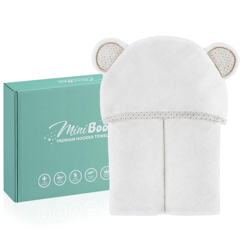 MINIBOO hooded towel bamboo blend absorbs moisture quickly for quick-dry baths.