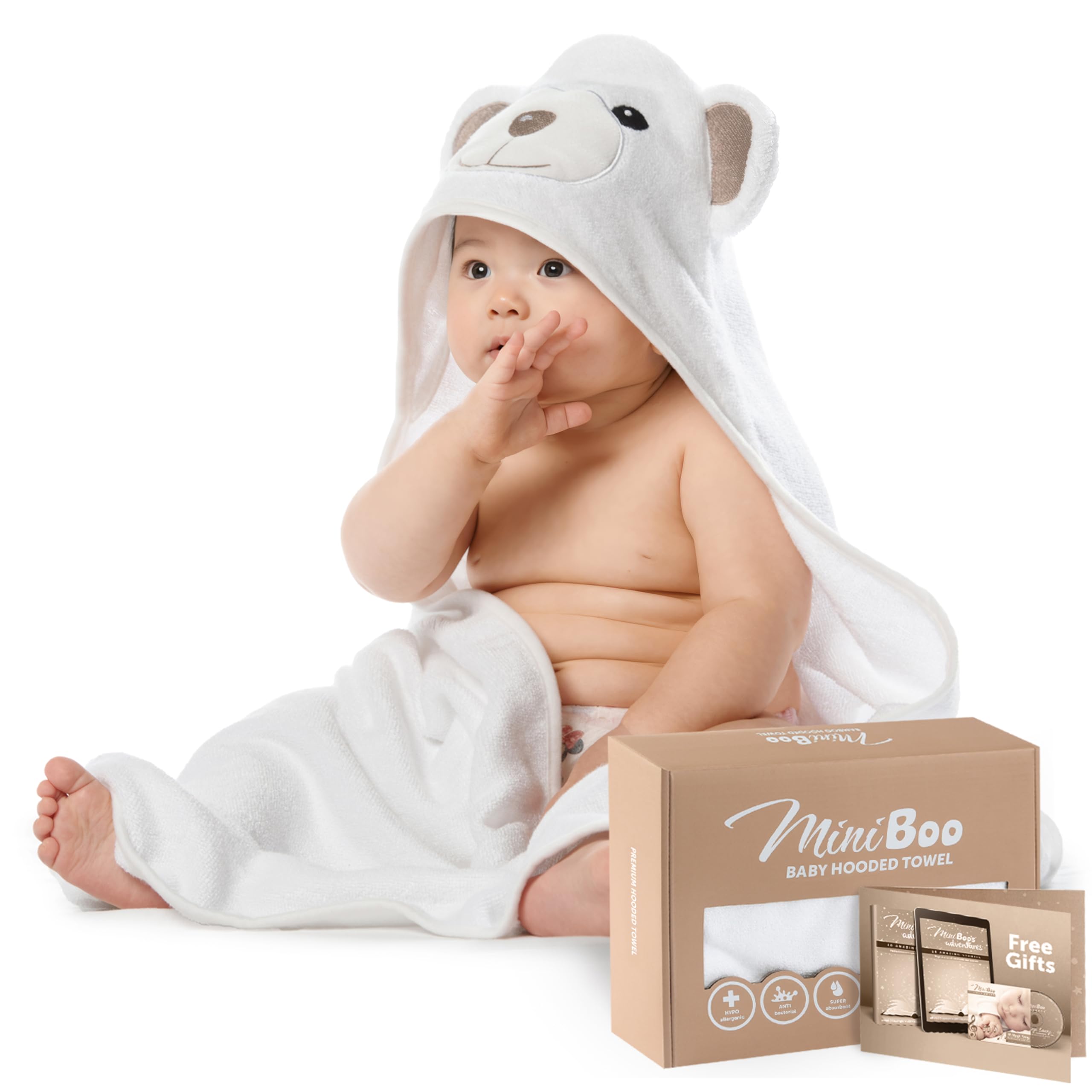 MINIBOO hooded towel with bear design for cozy bath time.