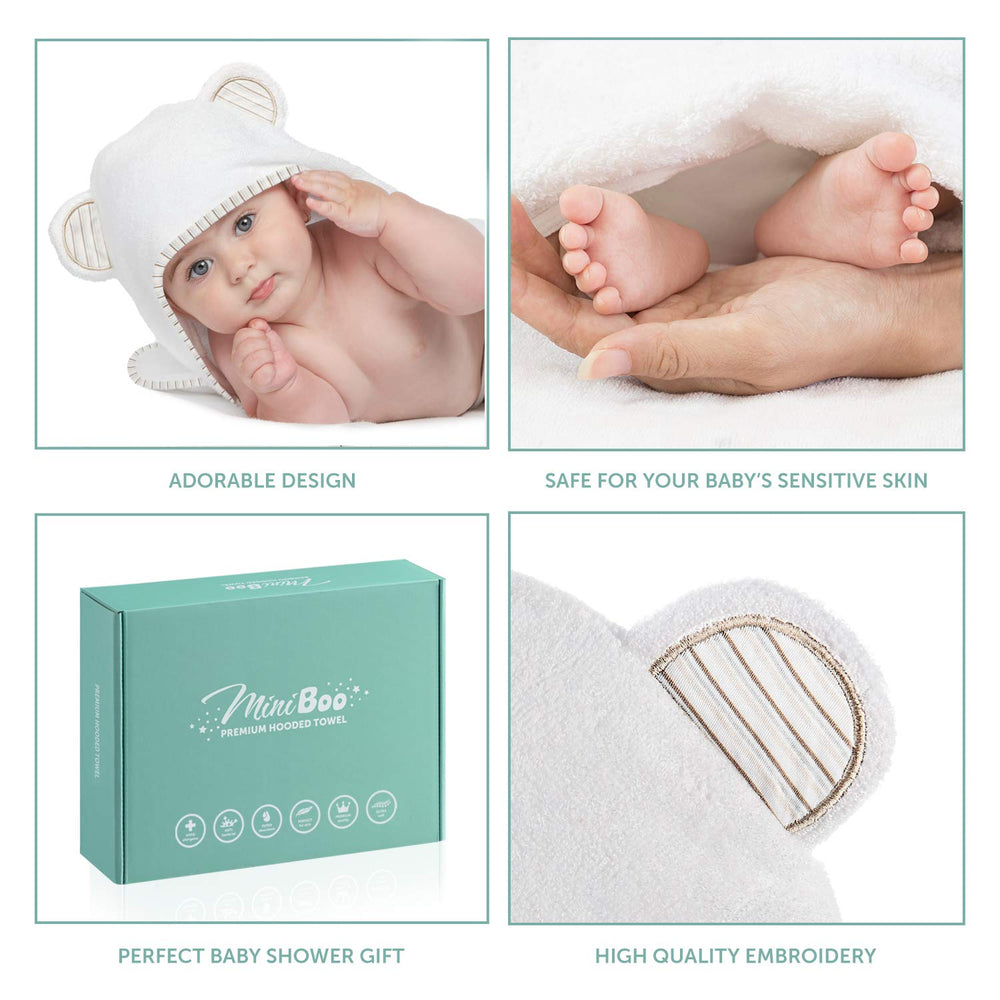 MINIBOO hooded towel large 32x32 fits newborns to toddlers comfortably.