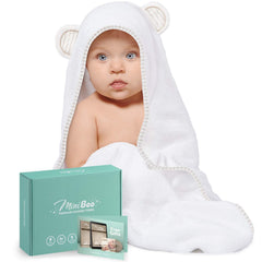 MINIBOO hooded towel for newborn—soft bamboo viscose blend, gentle on skin.