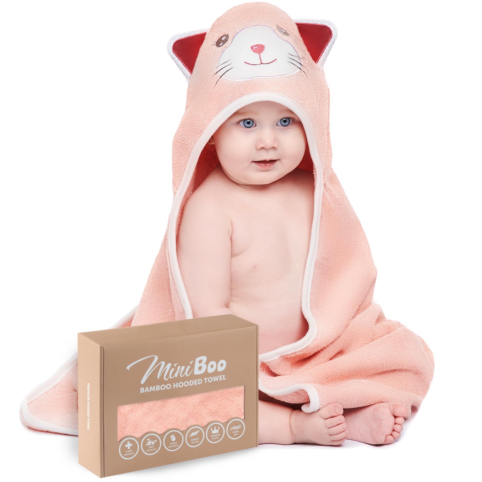 MINIBOO hooded towel in soft bamboo blend for newborn delicate skin.