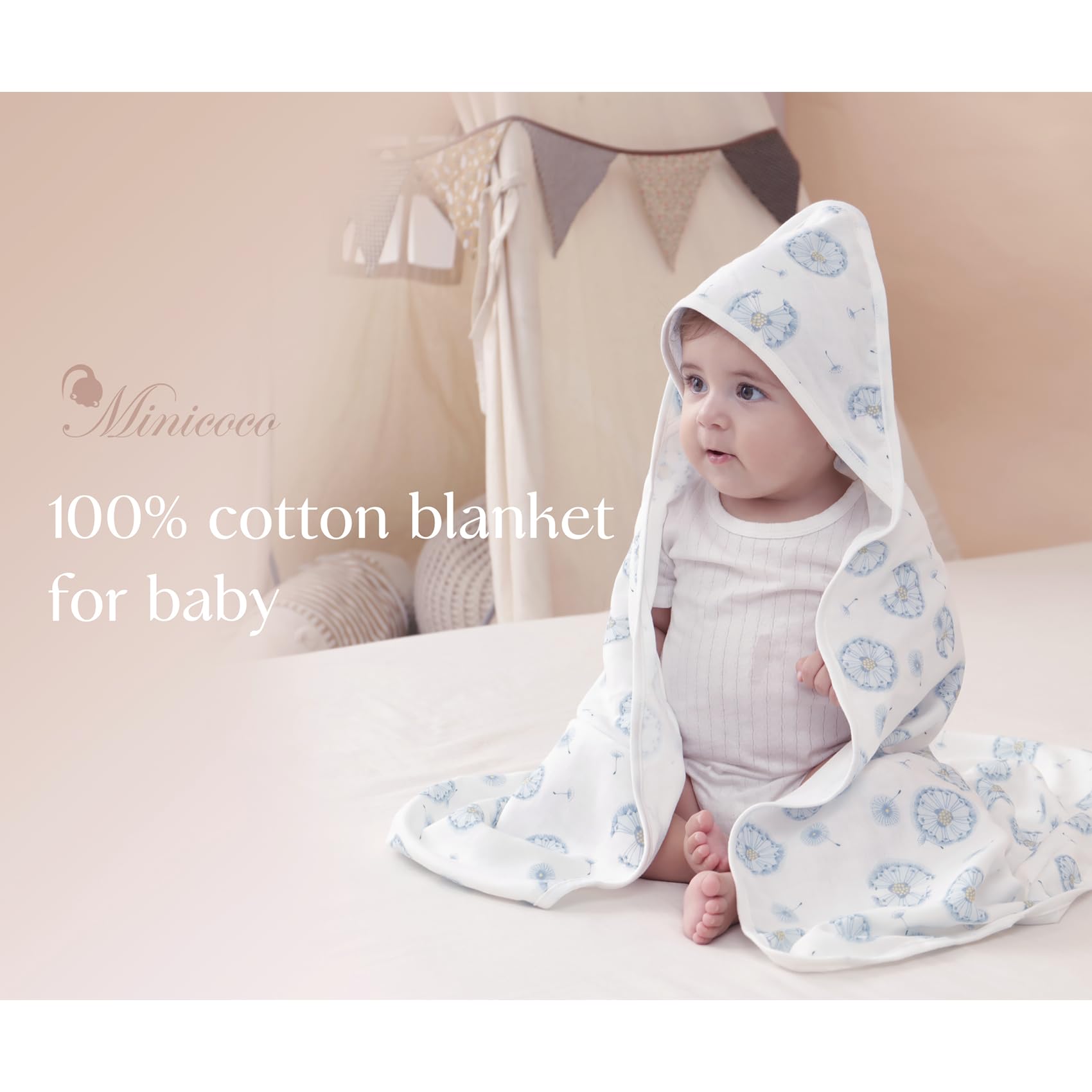 Minicoco receiving blanket pack shown in nursery use as a burp cloth.