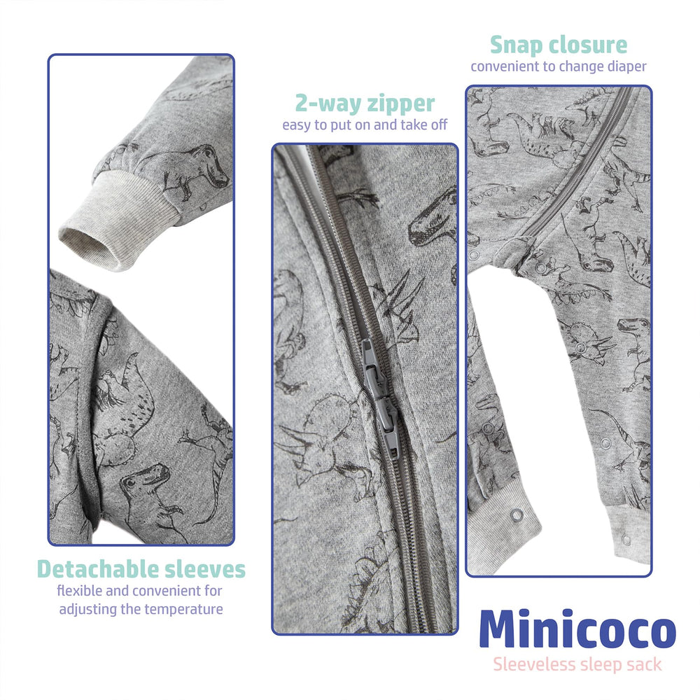Minicoco Dino Doze sleep sack open sleeves for layering.