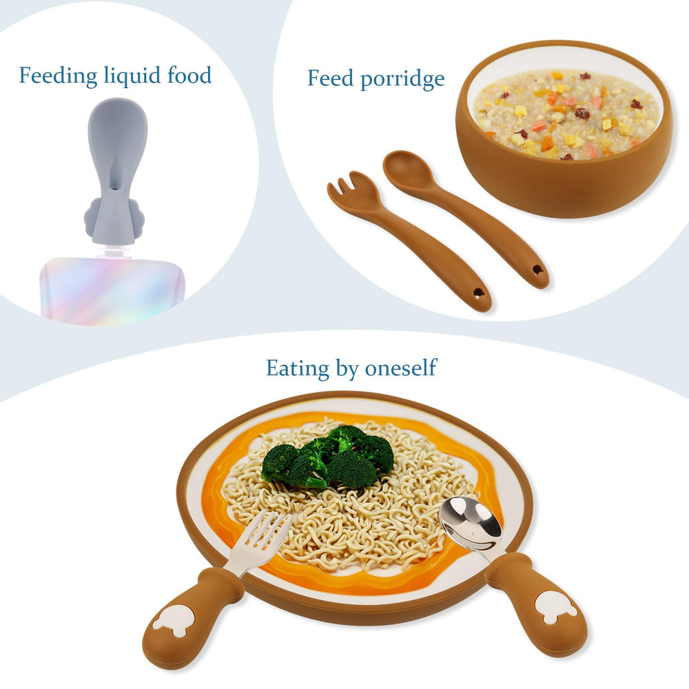 Miniguysa food pouch spoons attach to pouches for on-the-go feeding.