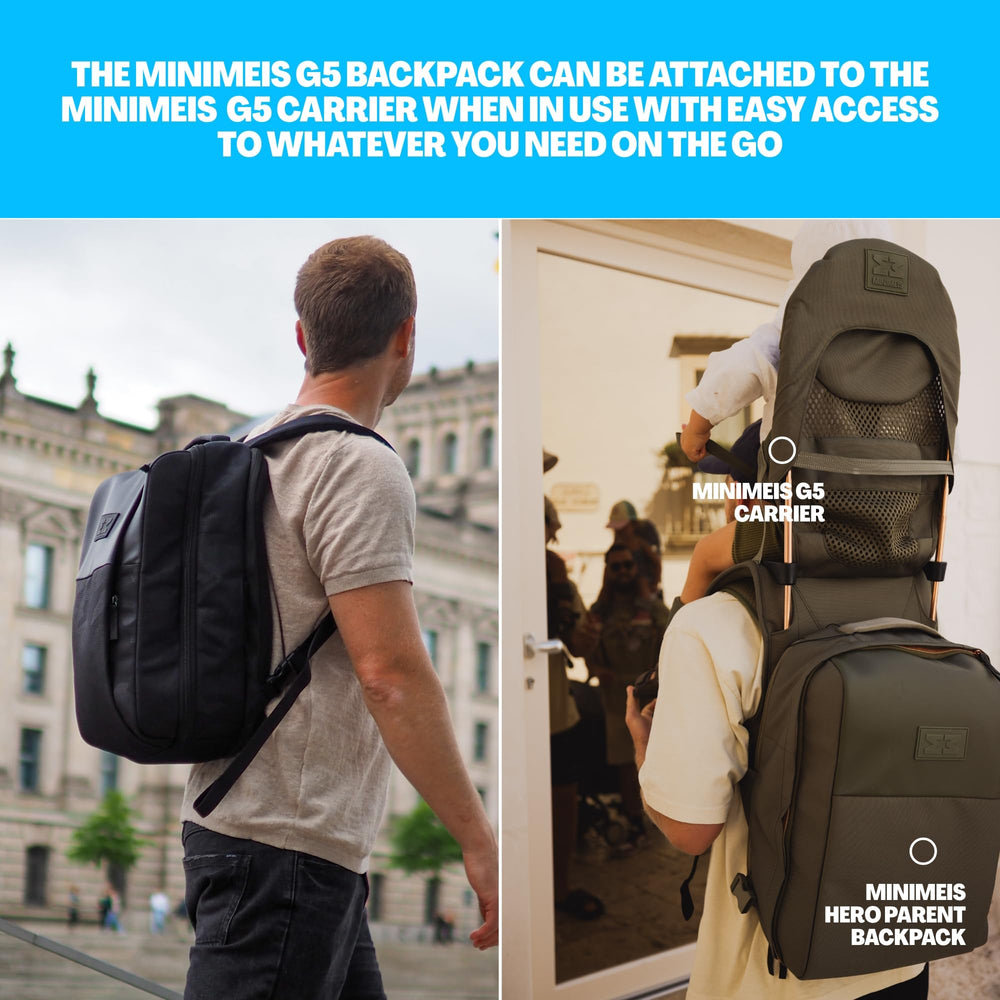 MINIMEIS HERO Backpack Olive attached to MiniMeis carrier enables hands free use