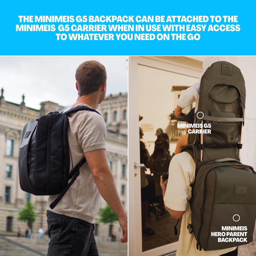 MINIMEIS HERO Backpack worn on the back with MiniMeis carrier