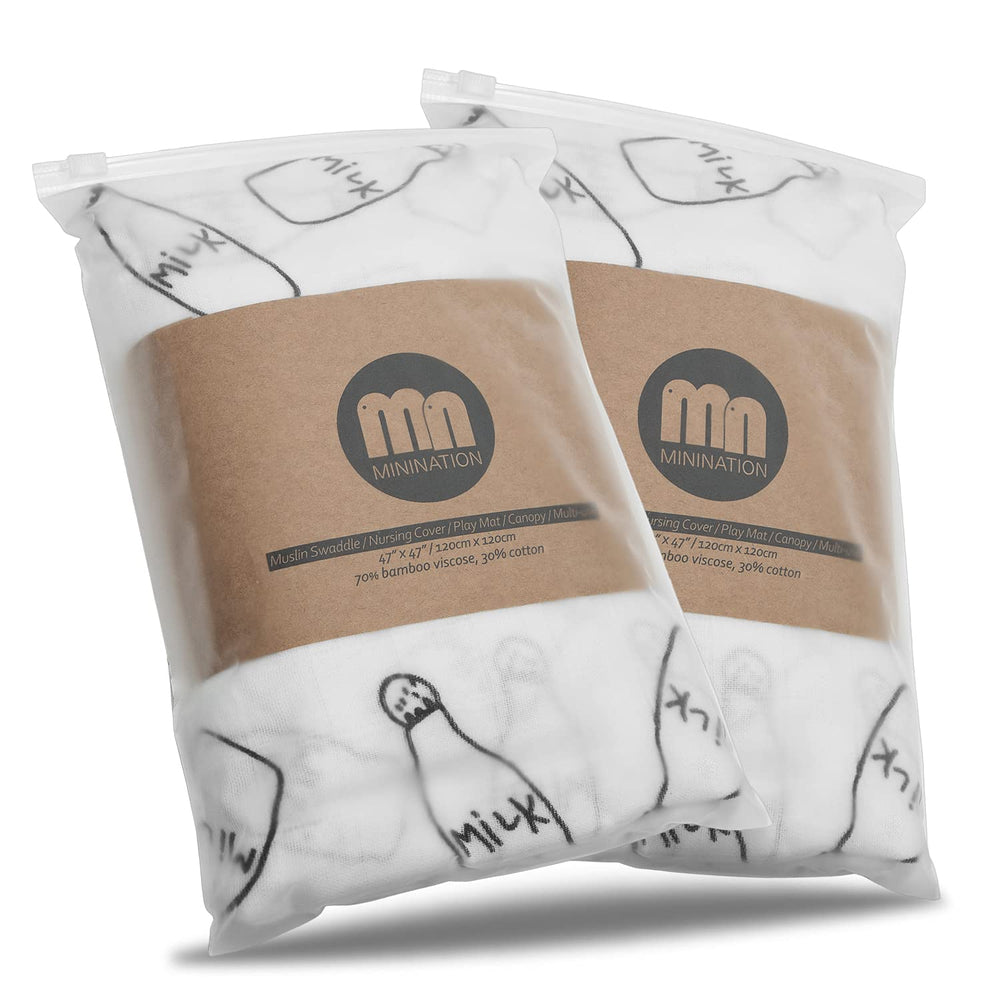 Minination milk print swaddle blanket, ultra-soft bamboo fabric for newborn comfort.