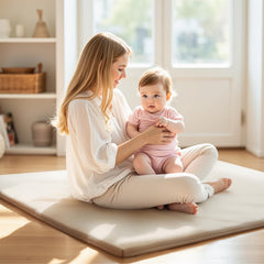 MINISENTIALS padded thick baby play mat room scene demonstrates cozy beige setup for family play.