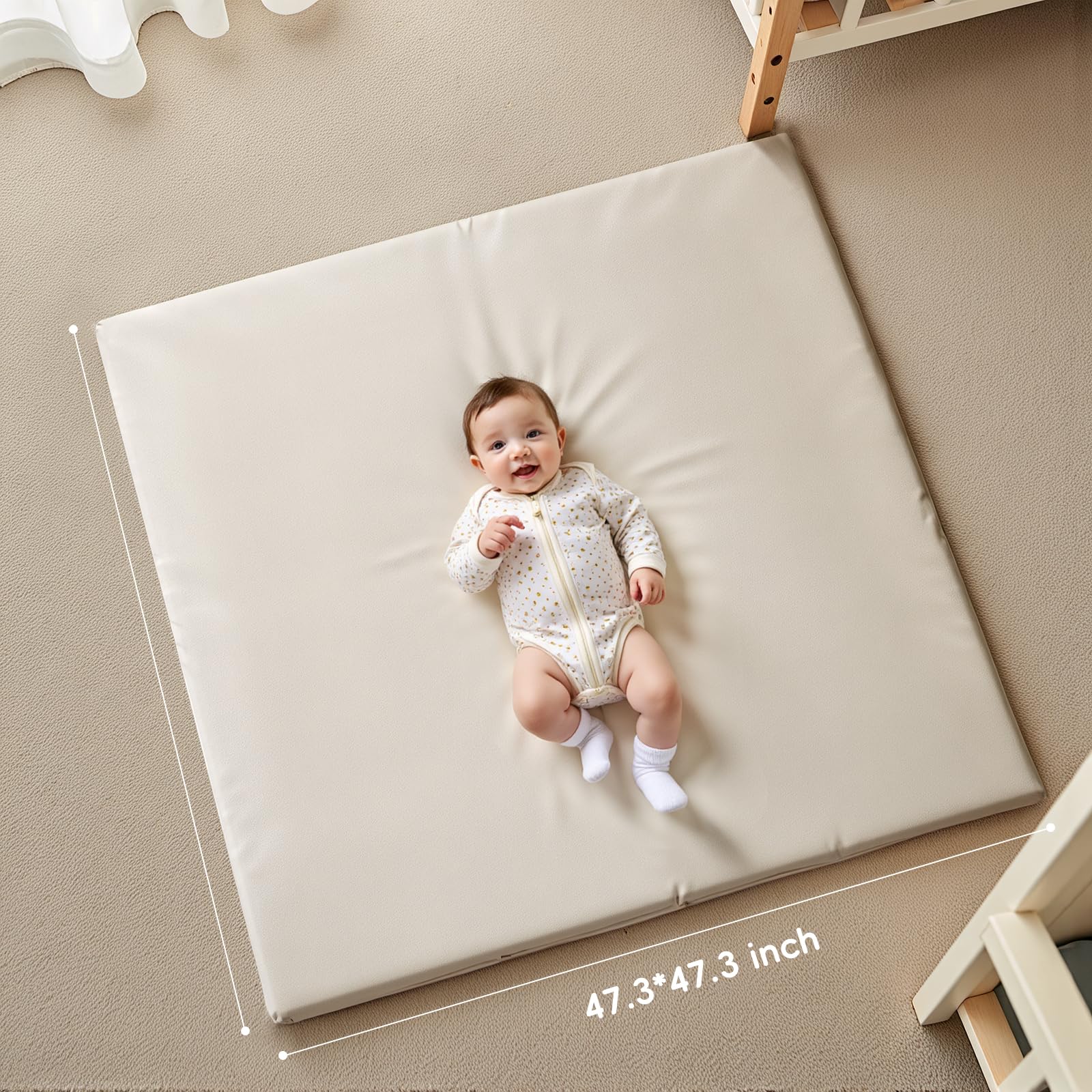 MINISENTIALS padded thick baby play mat waterproof cover highlights a stain-resistant surface.