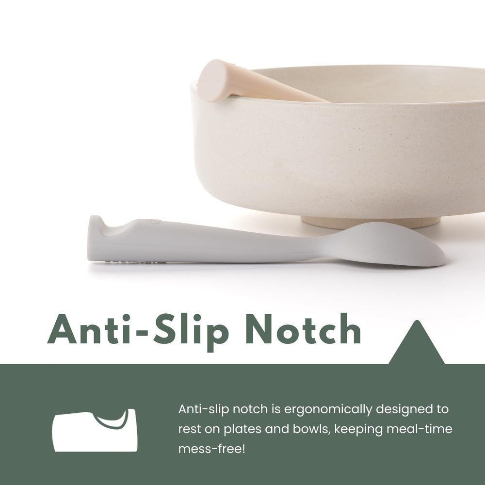 Miniware anti-slip notch keeps spoons secure on bowls during mealtime.