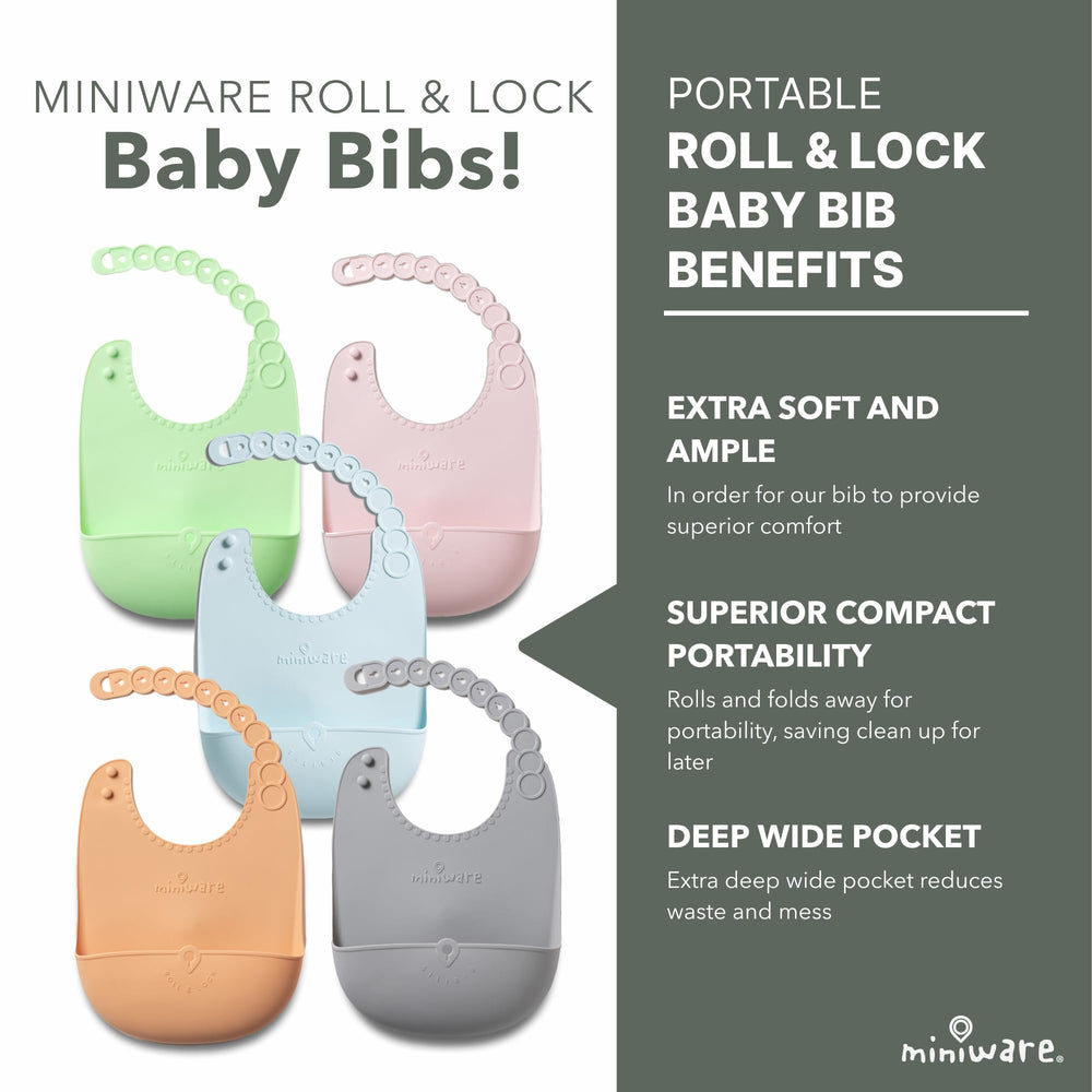 Miniware bib shows a food catcher pocket to trap crumbs during meals.