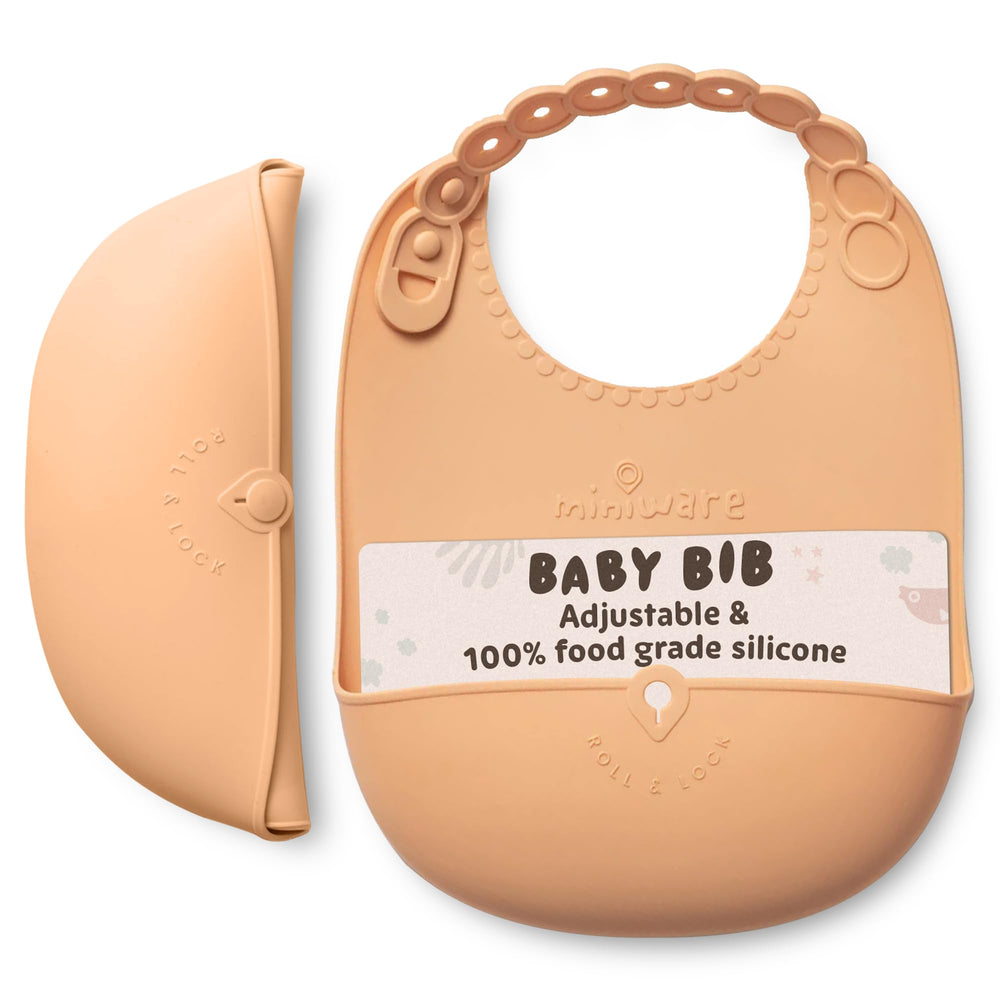 Miniware Roll & Lock bib with adjustable neck strap for growing toddlers.