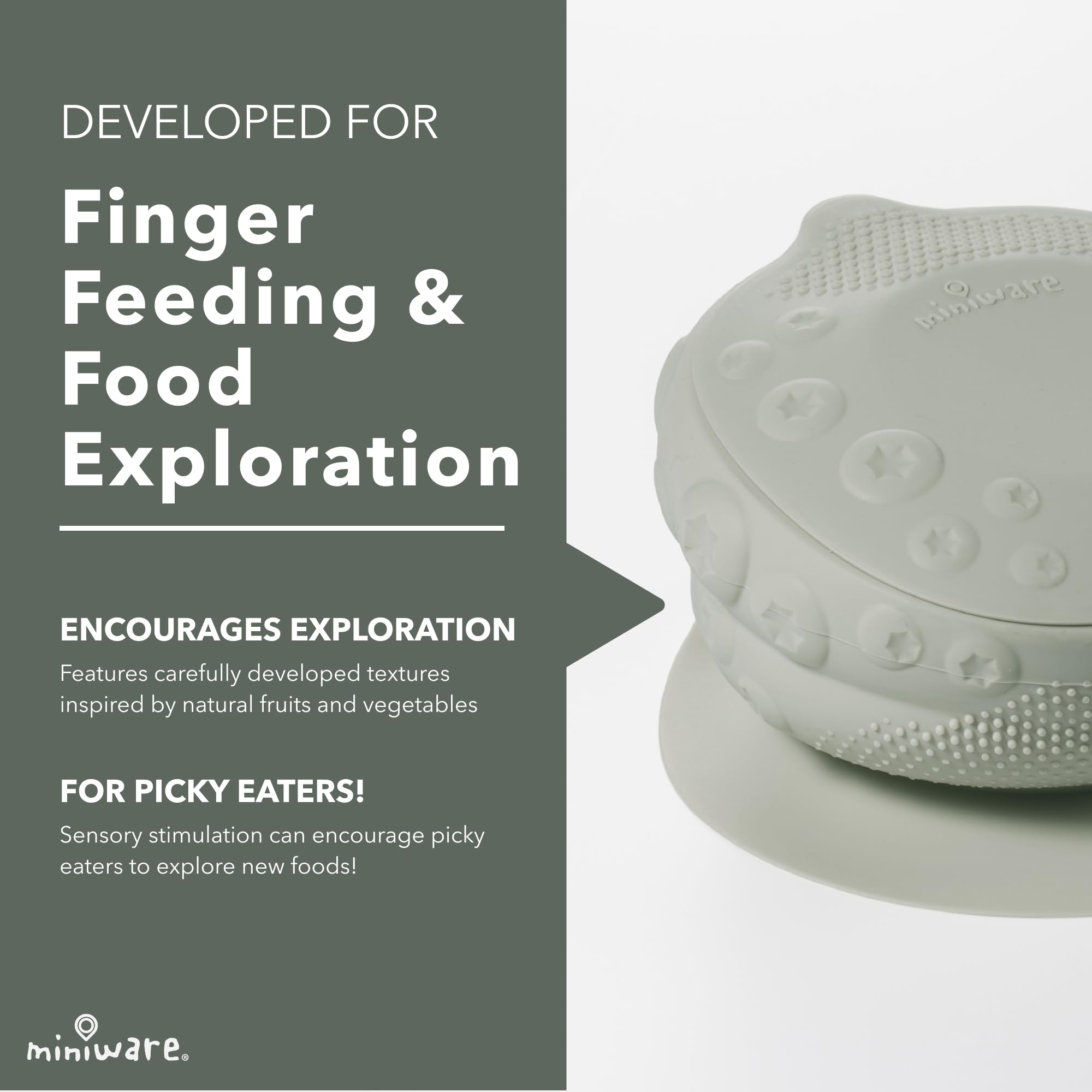 Sage silicone bowl edge designed for easy scooping and textured foods.