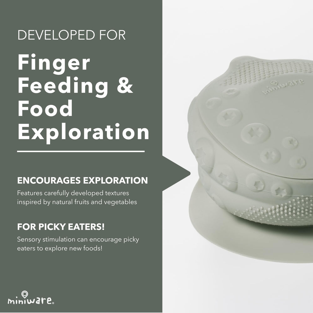 Sage silicone bowl edge designed for easy scooping and textured foods.
