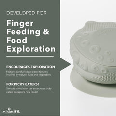 Sage silicone bowl edge designed for easy scooping and textured foods.