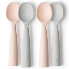 Miniware training spoons in grey and peach for self-feeding practice and gum-friendly use.