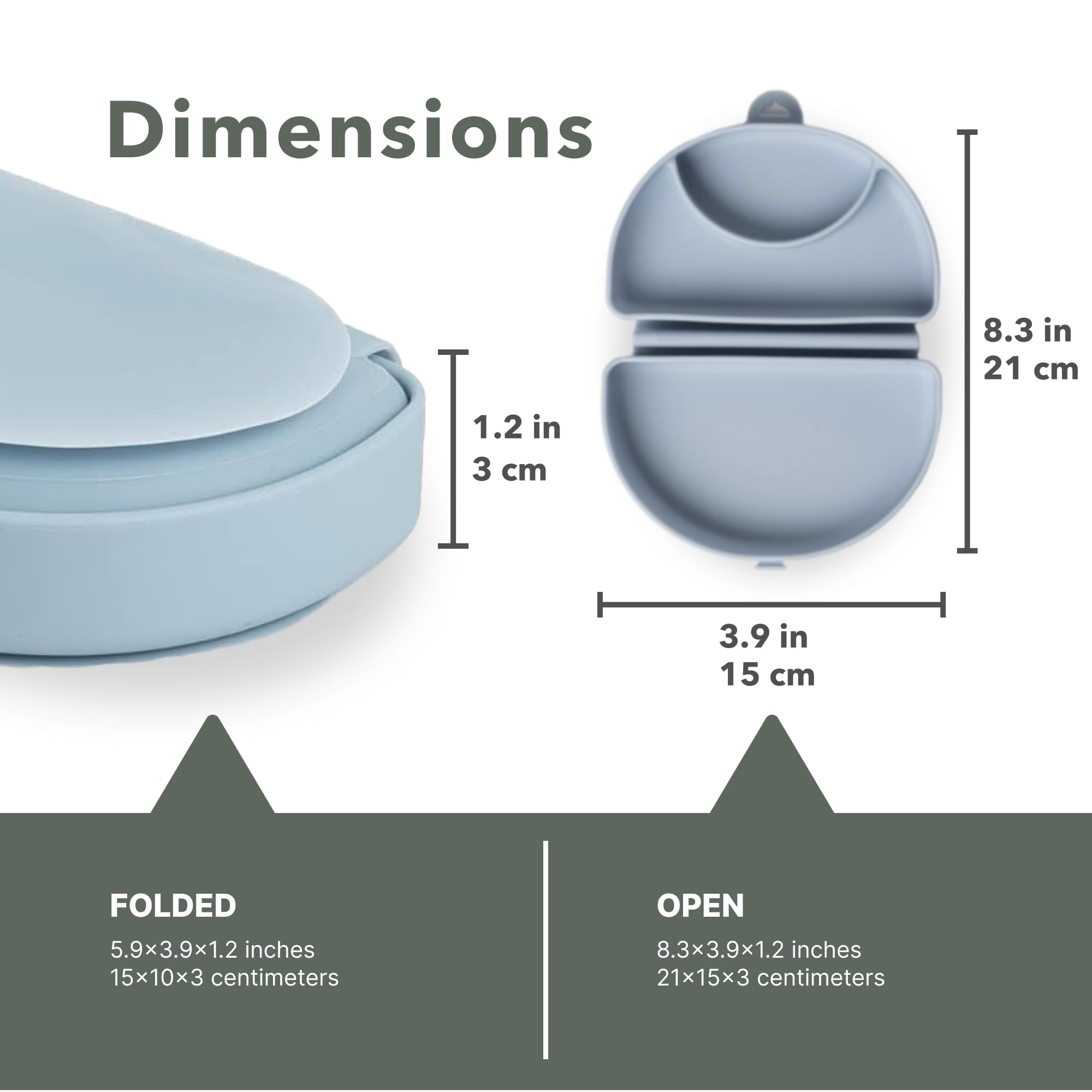 Miniware Silifold suction base keeps plate secure during meals.