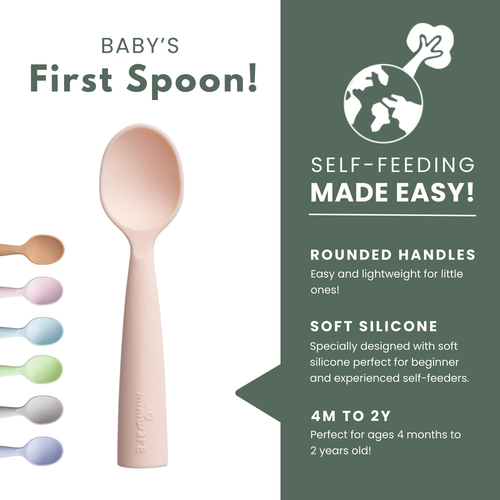 Miniware soft silicone spoons for tiny hands improve grip and control.