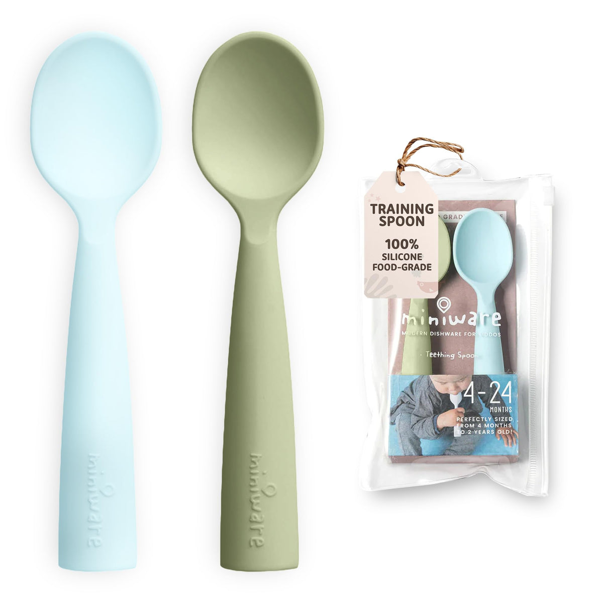 Miniware training spoon Aqua Pistachio set ready for self-feeding